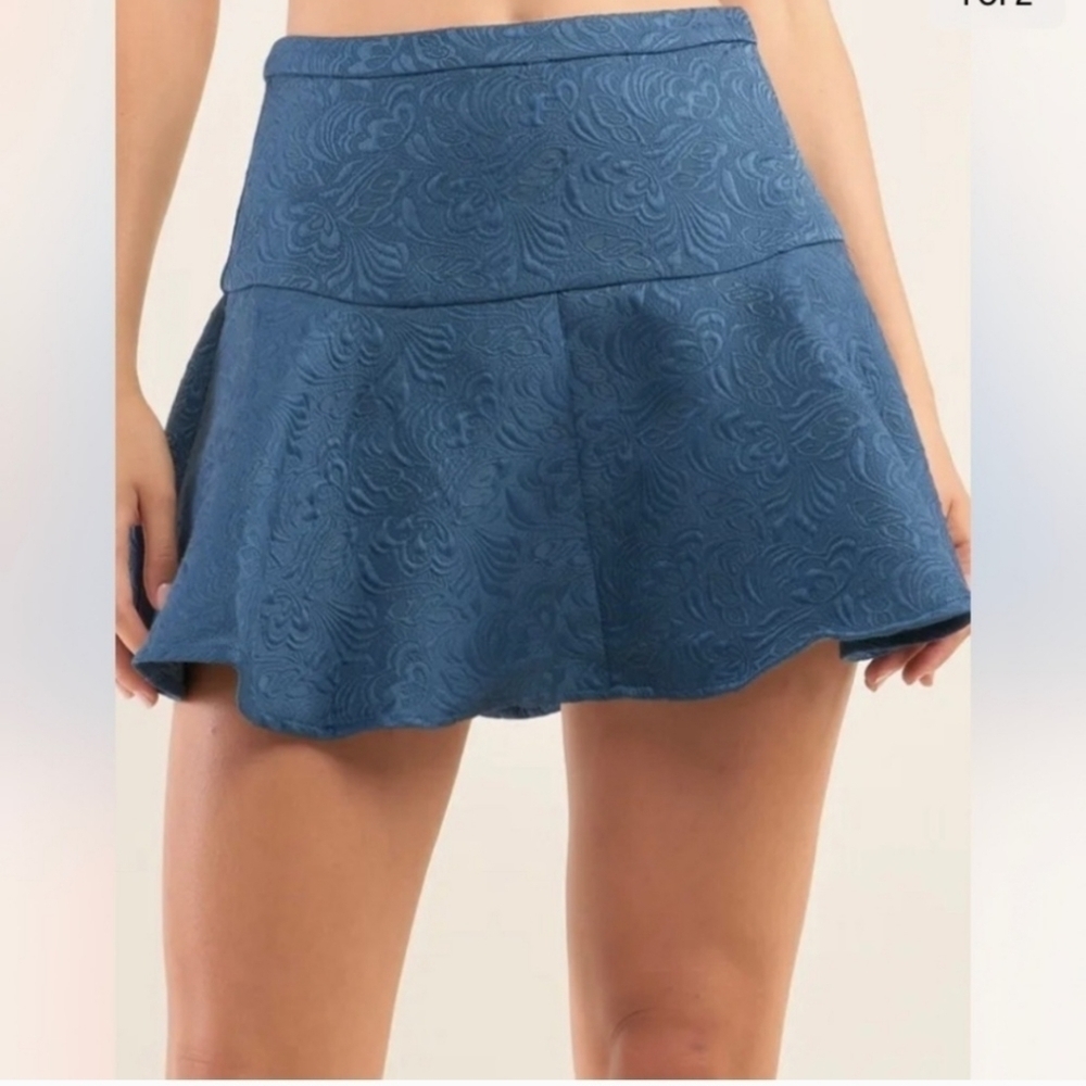 Anthro Akira Jacquard Floral Mini Flare Skirt size M/L Teal Blue